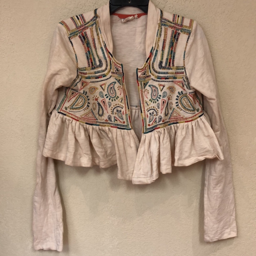 Vintage Anthropologie Embroidered Cream Peplum Cardigan with Multicolor Paisley - Picture 2 of 9